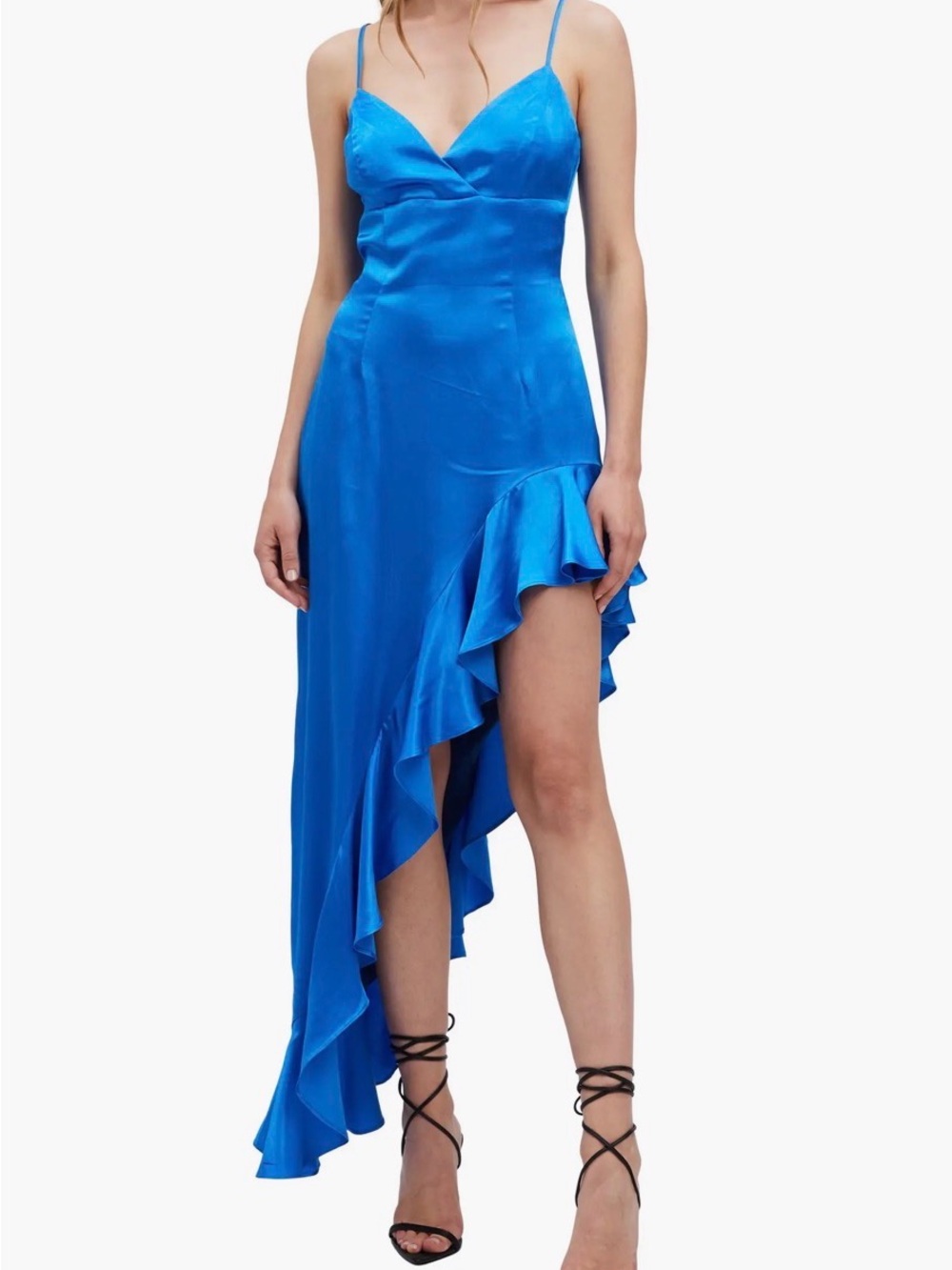 Bardot Electric Blue Satin Asymmetrical Ruffle Dress (2)